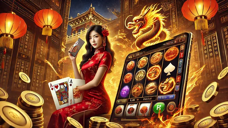หน้าจอเกมสล็อตพร้อมรีลและสัญลักษณ์พิเศษ